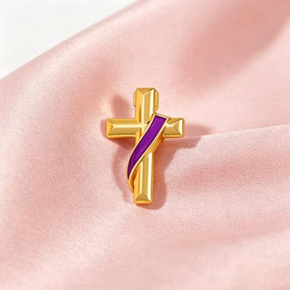 Clergy Gold Cross Lapel Pin with Enamel Ribbon, Christian Religious Brooch Badge, Suit Collar Accessory Faith Gift for Church Staff Believers - color: Purple