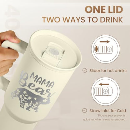 Mom Tumbler with Handle 40oz, Mama Bear Cup Stainless Steel Insulated Tumblers Coffee Travel Mug, Gifts for Moms from Daughter Son, Best Mother Gift for Christmas Birthday Mothers Day - color: Mom 3