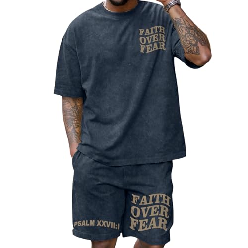 Men's Christian Shirt and Shorts Set Oversized Faith Over Fear T Shirt Washed Religious Bible Verse 2 Piece Outfits - color: Denim Blue, size: Medium