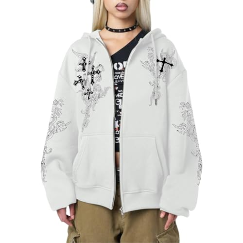 Zip Up Hoodies Y2k Jacket Graphic Gothic Jackets Grunge Cross Hoodie Baggy Streetwear Emo Sweater Aesthetic Clothes - color: White, size: Small