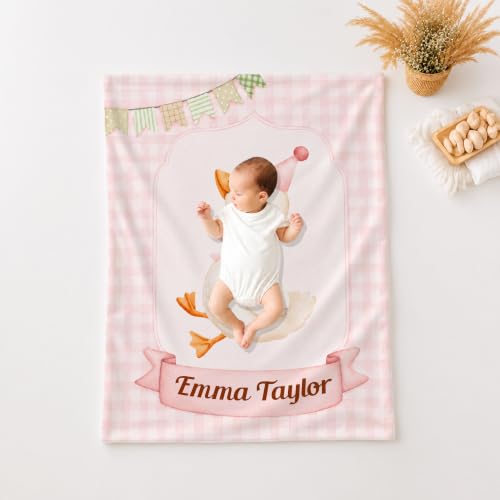 Personalized Birthday Goose Blanket, Pink Plaid Baby Throw Gift - color: #Ver11