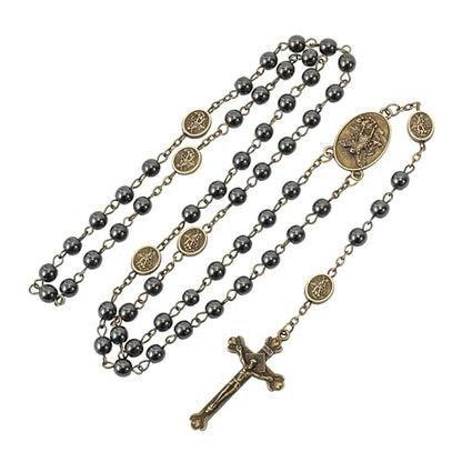Nazareth Store St Michael Rosary Hematite Stone Beads Necklace Metal Beaded Glory Beads Archangel Medal & Cross with Metal Gift Box - color: Bronze | Jesus Cross