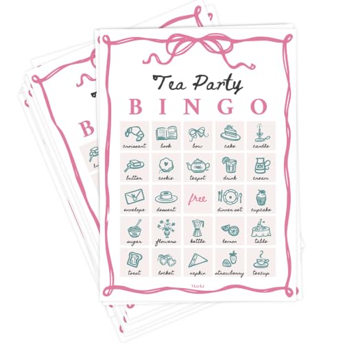 Markt Tea Party Games for Women - 20 Unique Cards - Tea Party Bingo Game Supplies for Adults - Decorations & Favors for Birthday, Bridal Shower, Baby Shower & Mother's Day - color: Tea Party Bingo – Classic