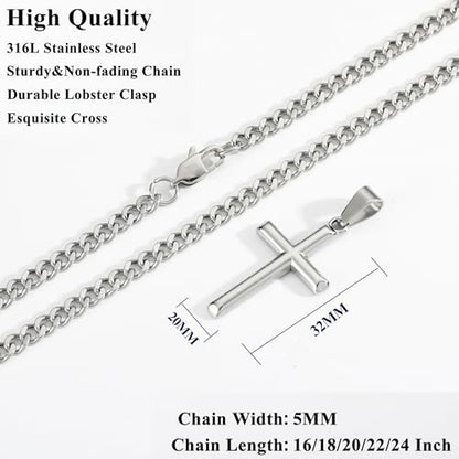 Avotto 316L Stainless Steel Cross Necklace Jewelry Gifts for Men Boys, Silver Gold Black Necklaces 5mm Non-Fading Sturdy Cuban Chain with Cross Pendant 14/16/18/20/22/24Inch - color: Silver, size: 22 inch(55cm)-Long Fit
