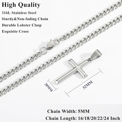 Avotto 316L Stainless Steel Cross Necklace Jewelry Gifts for Men Boys, Silver Gold Black Necklaces 5mm Non-Fading Sturdy Cuban Chain with Cross Pendant 14/16/18/20/22/24Inch - color: Silver, size: 24 inch(60cm)-Extra Long Fit