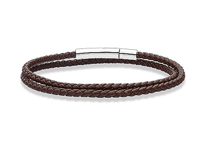 Miabella Genuine Italian Double Wrap Braided Leather Bracelet for Men Women, Stainless Steel Clasp, Made in Italy - color: Brown, size: Small - 7" Length