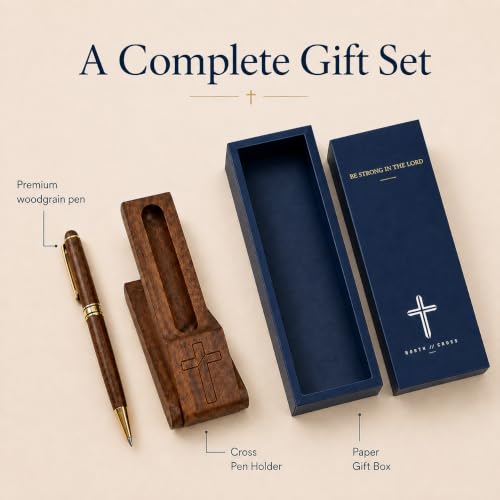 Wooden Christian Pen & Holder with Engraved Cross – Faith Gift For Christian Men and Women. Pastor Appreciation. Religious Pen Desk Accessory.