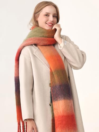 HOTIAN Women's Large Scarf Colorful Chunky Plaid Scarves Soft Winter Thick Tassel Warm Wrap Shawl - color: Green-red (Forest)