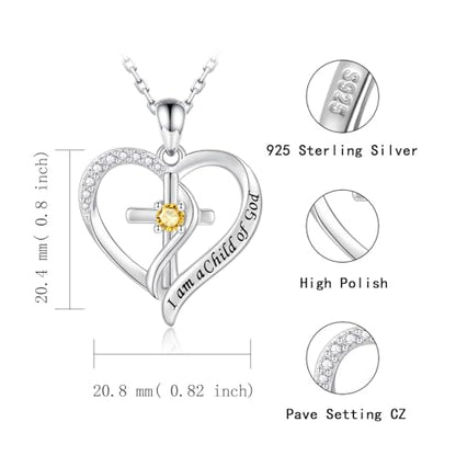925 Sterling Silver I Am a Child of God Scripture Pendant with Birthstone Heart Cross Communion Necklace for Women Christian Faith Jewelry Gift - color: November