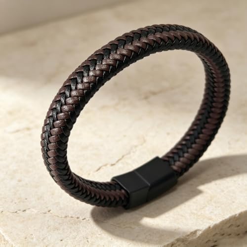 Kim Carrey Italian Handmade Leather Bracelets for Men - color: Brown Braided, size: 7.8"