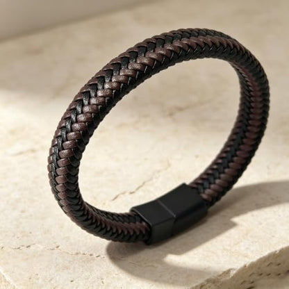 Kim Carrey Italian Handmade Leather Bracelets for Men - color: Brown Braided, size: 7.8"