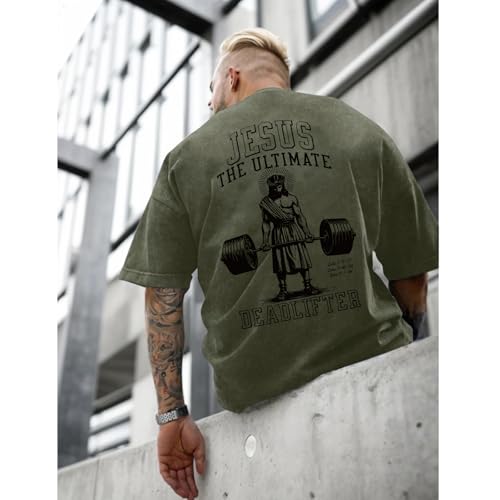 Mens Oversized Christian Shirts Jesus Faith Shirt Funny Gym Graphic Tees God Religious Bible Verse Acid Wash Tshirts - color: Army Green, size: X-Large