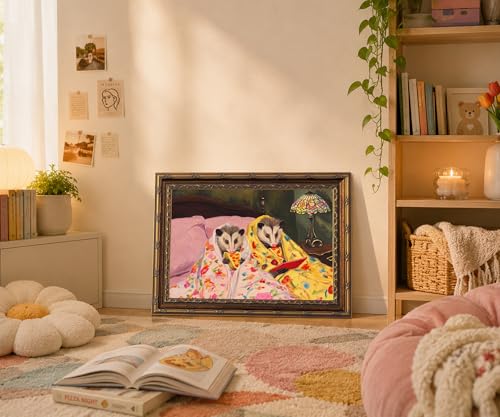 Gold Framed Funny Opossum gifts Wall Art Cute Possum Eating Pizza Print - color: Opossum, size: 16"L x 24"W