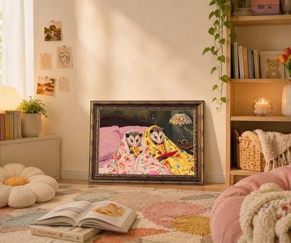 Gold Framed Funny Opossum gifts Wall Art Cute Possum Eating Pizza Print - color: Opossum, size: 16"L x 24"W