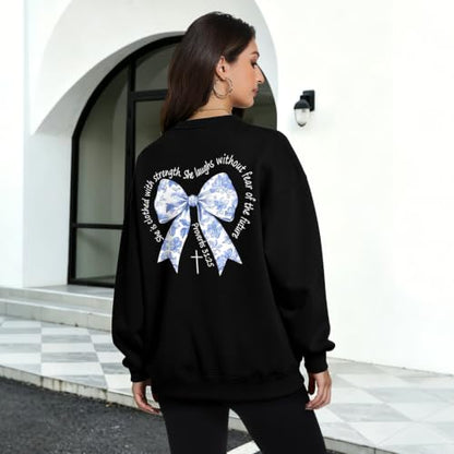 Bow Sweatshirt Christian Jesus Sweatshirts for Women Faith God Long Sleeve Shirts Bible Verse Graphic Pullover Gifts - color: Black, size: Medium