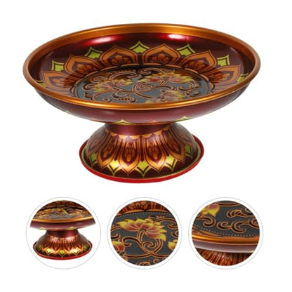 Buddhist Plate Offering Bowls Food Dessert Snack Fruit Tray Blessing Tinplate Bowl for Altar, Dark Red Metal Plate for Shrine, Hindu,Sweets, Incense (6 Inch)