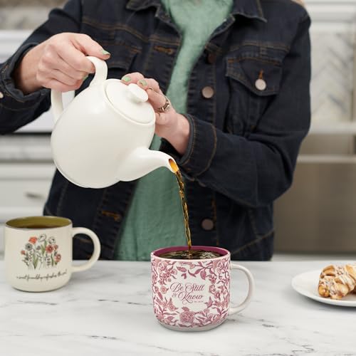 Christian Art Gifts Large Ceramic Microwave/Dishwasher Safe Coffee & Tea Mug for Women: Be Still & Know Inspirational Bible Verse, Non-toxic, Lead & Cadmium-free Cup, Dark Pink & White Floral, 12 oz.