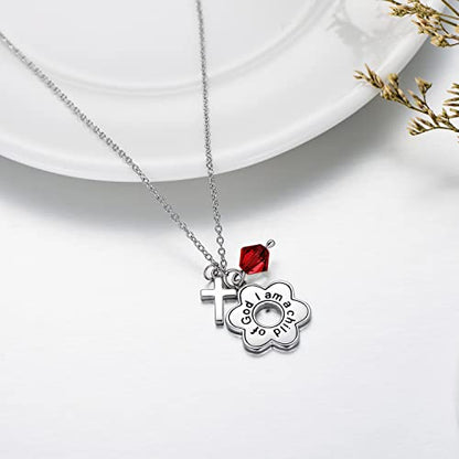 AOBOCO 925 Sterling Silver I Am a Child of God Daisy Necklace Jewelry Birthday Birthday Baptism Communion Gifts for Girls - color: Simulated Garnet