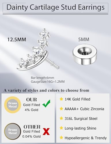 JeryWe Cartilage Earrings for Women Hypoallergenic Helix Piercing Jewelry - color: N:cz-silver filled