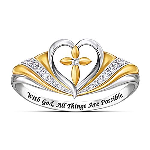 Two-Tone Cross Ring Vintage Tone Sterling Silver Carved with God All Things are Possible CZ Band Engagement Wedding Rings Flower Shape Hollow Heart AAA Cubic Zirconia Ring (10) - size: 10