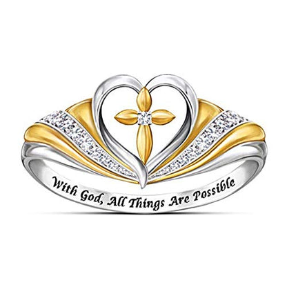 Two-Tone Cross Ring Vintage Tone Sterling Silver Carved with God All Things are Possible CZ Band Engagement Wedding Rings Flower Shape Hollow Heart AAA Cubic Zirconia Ring (10) - size: 10