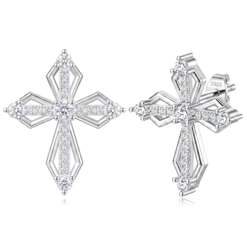 Sterling Silver Dainty Cross Earrings For Women, Christian Religious Faith Cubic Zirconia Stud Earrings - color: white