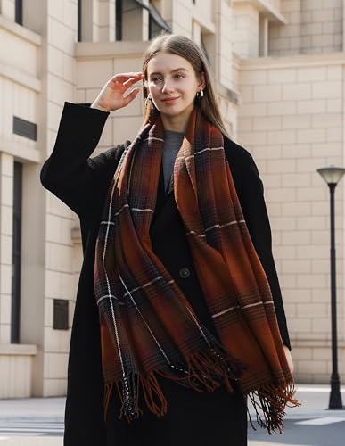 Wander Agio Women's Fashion Long Shawl Big Grid Winter Warm Lattice Large Scarf - color: Caramel 17