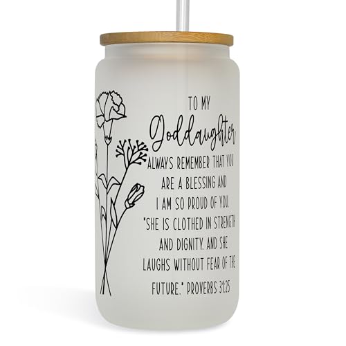 Generic Goddaughter Glass Tumbler, Goddaughter Gifts, Christian Gift, Confirmation Gift for Girl, Goddaughter Mug,Iced Coffee Cup with Lid and Straw, 16 oz