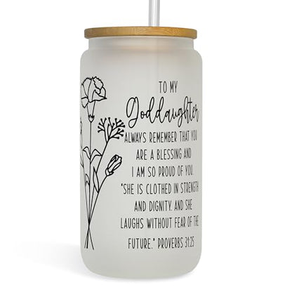 Generic Goddaughter Glass Tumbler, Goddaughter Gifts, Christian Gift, Confirmation Gift for Girl, Goddaughter Mug,Iced Coffee Cup with Lid and Straw, 16 oz