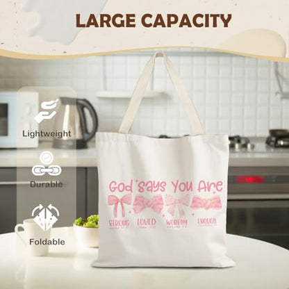God Says You are Christian Canvas Tote Bags for Women, Inspirational Christian Gifts for Women - color: Pink Bow God Says