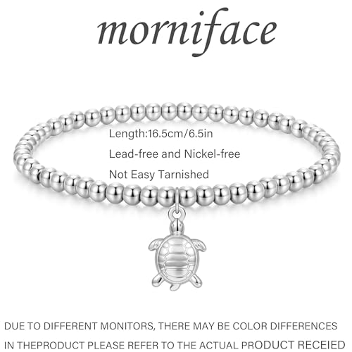 morniface Beaded Bracelet for Women, Handmade Stretch Bracelet with Charms, Dainty Stackable and Trendy Jewelry Gift - style: Silver Beaded-turtle