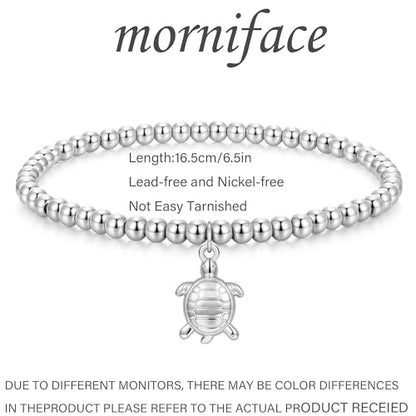 morniface Beaded Bracelet for Women, Handmade Stretch Bracelet with Charms, Dainty Stackable and Trendy Jewelry Gift - style: Silver Beaded-turtle