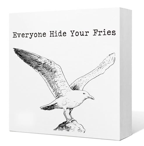 Funny Seagull Coastal Beach Wooden Box Sign, Beach Kitchen Decor, Everyone Hide Your Fries Ocean Humor Bird Wood Signs for Home Desk Table Shelf Decoration, 5x5 Inch - color: Funny Seagull