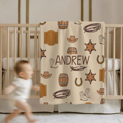Personalized Personalized Cowboy Baby Blanket, Cowboy Hat Boots Quilt Pattern Design, Custom Name Toddler Kids Throw, Ranch Nursery Decor, Baby Gift Idea - color: Cowboy Baby Blanket#1