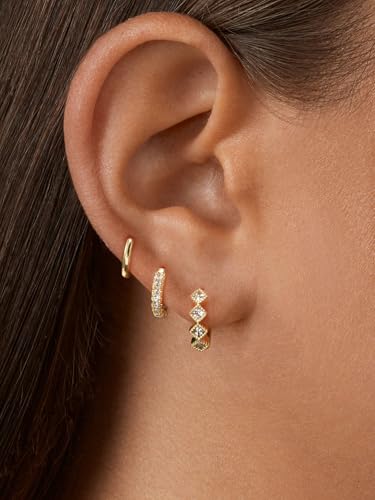 Rotnso Gold Hoop Earrings Set for Women Hypoallergenic Trendy Huggie Stack - style: 3 Pairs Rhombus CZ Hoops-GD