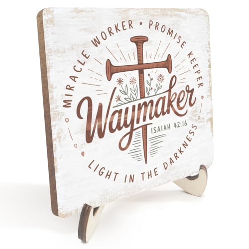 Christian Gifts Desk Decor, Rustic Wood Sign, Boho Faith Religious Bible Verse Quotes Decorative Desk Accessories for Home House Decor Office Accessories Cute Bohemian Table Bookshelf Wooden Sign - color: Waymaker