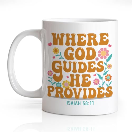 Where God Guides He Provides 11oz Double-Sided Ceramic Mug, Funny Christian Mugs for Women Men, Christmas Birthday Thanksgiving Bible Verse Coffee Cup, Religion Christian Gifts for Family Friend - color: White50