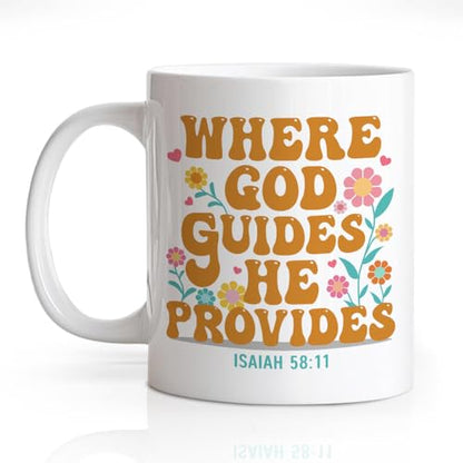 Where God Guides He Provides 11oz Double-Sided Ceramic Mug, Funny Christian Mugs for Women Men, Christmas Birthday Thanksgiving Bible Verse Coffee Cup, Religion Christian Gifts for Family Friend - color: White50