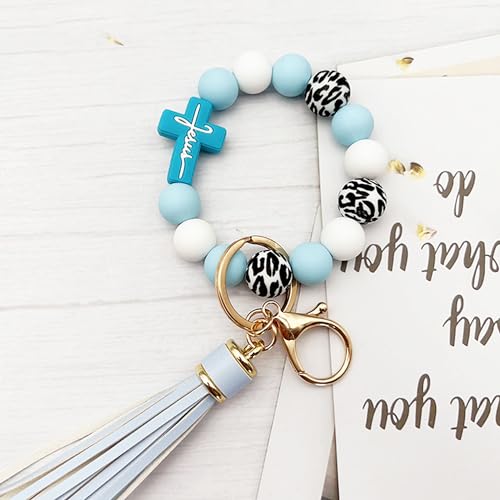 Silicone Beaded Jesus Cross Wristlet Keychain Leather Tassel,Key Ring Wrist Bangle,Key Chains Bracelet Women - color: Blue Cross