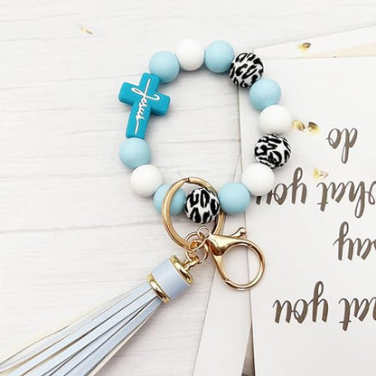 Silicone Beaded Jesus Cross Wristlet Keychain Leather Tassel,Key Ring Wrist Bangle,Key Chains Bracelet Women - color: Blue Cross