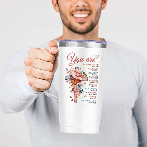 SANDJEST Christian Gifts for Women Faith Bible Inspirational Tumbler with Handle 20oz Tumblers Coffee Travel Mug Inspirational Gifts for Women Birthday Christmas - color: Christian