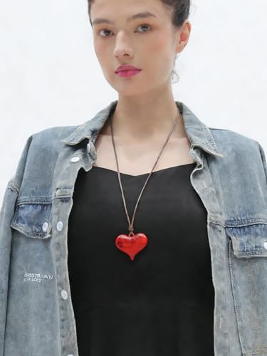 Leather Necklace for Women Long Boho Pendant Hippie Choker Necklace Bohemian Layered Leather Rope Wooden Jewelry Gifts - style: Red Heart Necklace