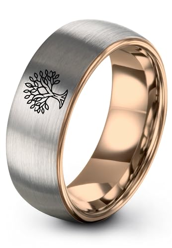 Gift for Spiritual Person - Tree Of Life Ring - Anniversary Wedding - Silver Yellow Rose Gold Gunmetal - Flat Dome Bevel - Personalized Custom Engraving - Band - Brushed Polished - 8mm - Men Women - T - color: 04 - Rose Gold Grey Tungsten