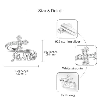 Helonley Cross Faith Ring for Women - 925 Sterling Silver Inspiration Rings - style: Faith Over Fear