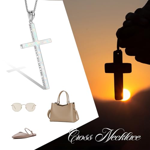 POPLYKE Cross Necklace 925 Sterling Silver Philippians 4:13 I Can Do All The Things Inspirational Necklace Gifts for Women Men 20+2'' - color: White Opal