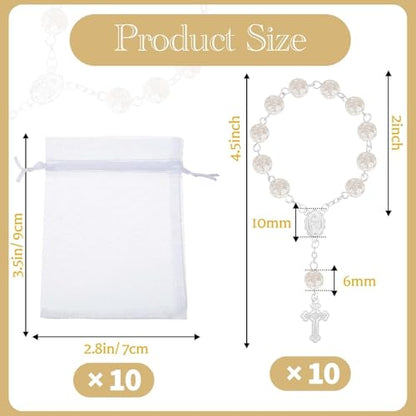 10 Set Baptism Party Favors Mini Rosary Beads Faux Pearls with Organza Bags for Christening Weddings First Communion Party Favors - style: Silver Rose
