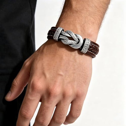 Men's Braided Leather Bracelet Wristband Cuff Bracelet for Men Gifts Stainless Steel Clasp - color: Brown