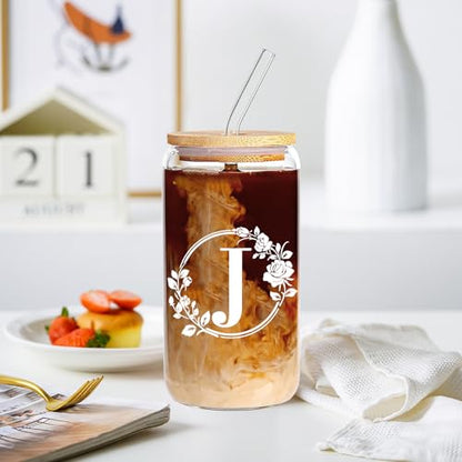 Birthday Gifts for Women, Monogrammed Initial Glass Cup Personalized Gifts for Women, 16oz Glass Cups with Lids and Straws, Iced Coffee Cup, Beer Can Shaped Glass - Gifts for Mothers Day, Christmas, J - style: J