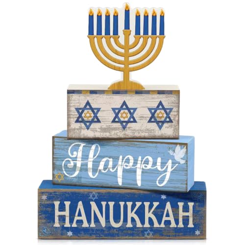 Lineshading 4 Pcs Hanukkah Table Decor for Home, Wooden Menorah Block Signs - style: Candlestick 2
