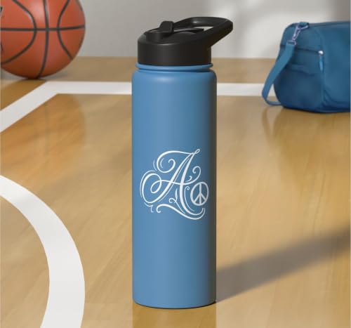 fancy Italic script Initial Letter A minimalist peace symbol Stainless Steel Insulated Water Bottle - color: Light Blue